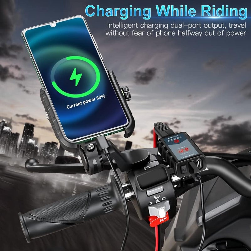 EXTRACTME 6.4A Motorcycle USB Charger, Total 44W Dual USB Type C PD & Quick Charge 3.0 Motorcycle Phone Charger with Voltmeter & ON/Off Switch, Waterproof Motorcycle Accessories SAE to USB Adapter - Image 4